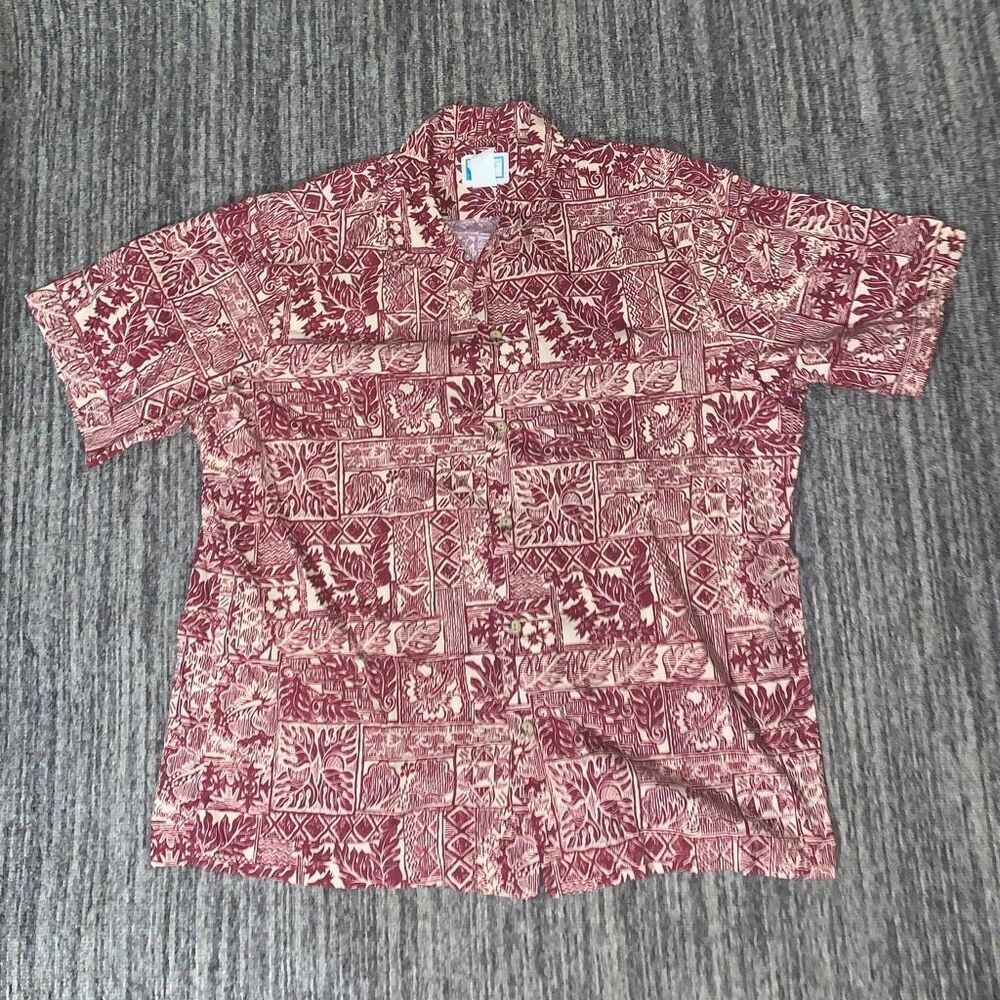Vintage‎ Pride of Hawaii Mens XL Button Front Shirt Burgundy Floral Short Sleeve